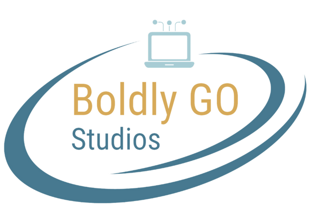 Boldly Go Studios Logo A double-swoosh oval with a computer in the gap at the top and Boldly Go Studios text in the center.